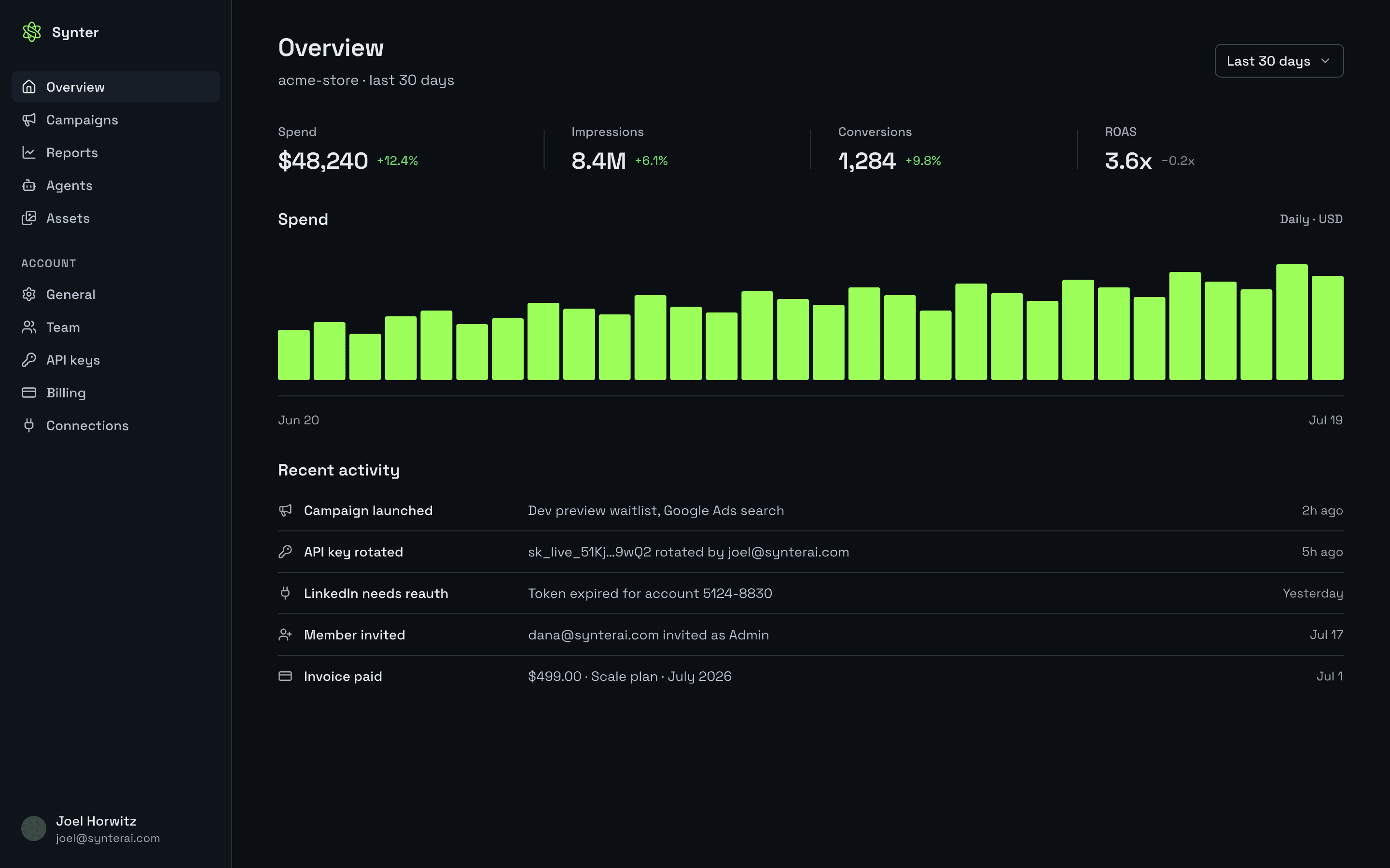 Synter overview dashboard showing spend, impressions, conversions, and ROAS for connected accounts